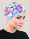 CKC-157PR#Cloche Cap Pink Blue Floral Pink Ribbon