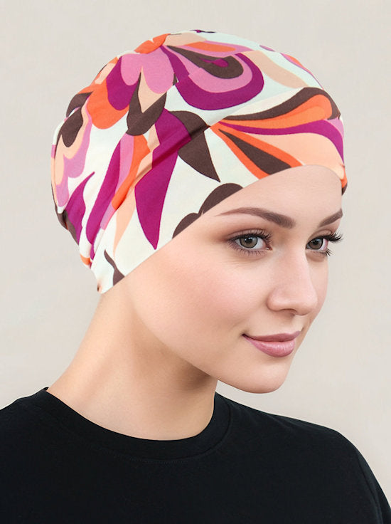 CKC-160#Chemo Cloche Cap in Ivory Magenta Mod Floral