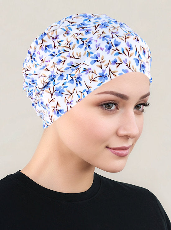 CKC-163#Chemo Cloche Cap in Ivory Periwinkle Blue Floral