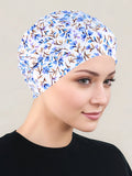 CKC-163#Chemo Cloche Cap in Ivory Periwinkle Blue Floral