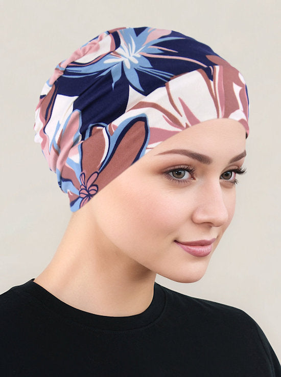CKC-164#Chemo Cloche Cap in Navy Mauve Mod Floral