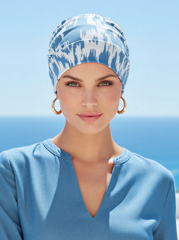 CKC-154#Chemo Cloche Cap in Denim Cream Ikat Geometric