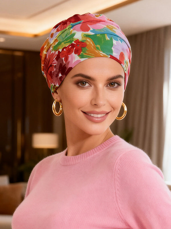 CKC-151#Chemo Cloche Cap in Red Cream Floral