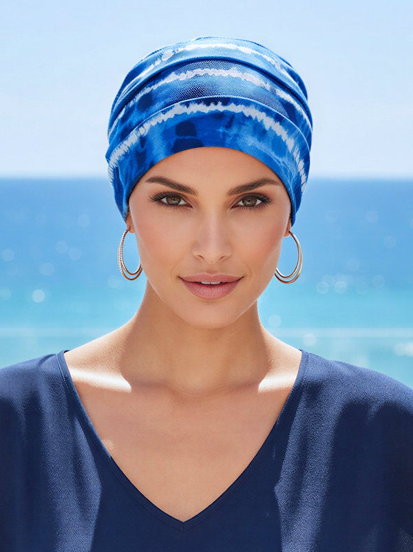CKC-120#Chemo Cloche Cap in Blue Tie Dye Stripe