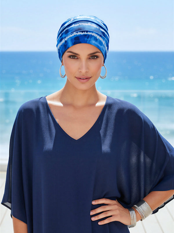 CKC-120#Chemo Cloche Cap in Blue Tie Dye Stripe