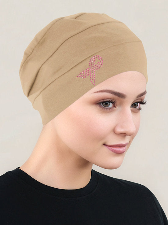 CKC-BEIGEPR#Cloche Cap Beige Pink Ribbon