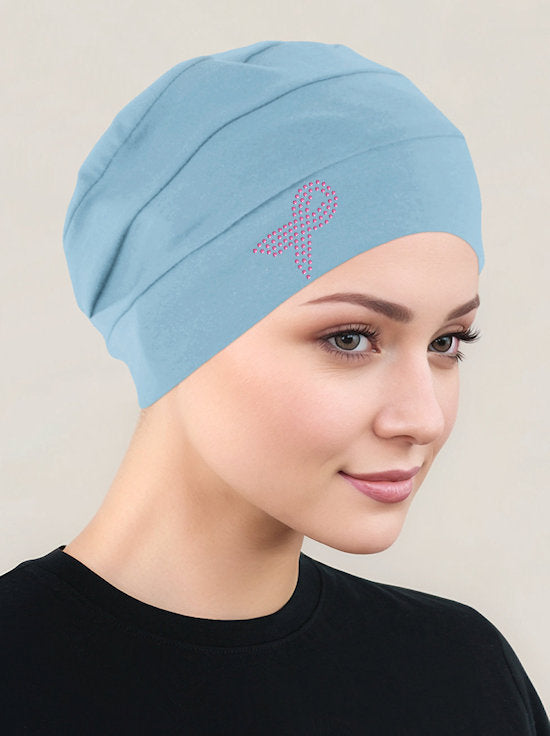 CKC-LTBLUEPR#Cloche Cap Light Blue Pink Ribbon