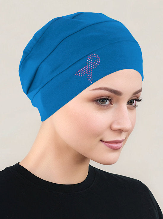 CKC-TURQBLUEPR#Cloche Cap Turquoise Blue Pink Ribbon