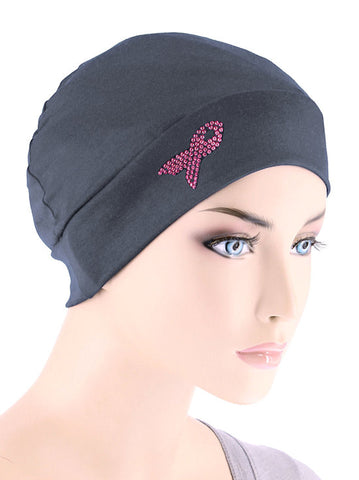 CE-CHEMOCAP-PR-CHARCOAL#Chemo Cap Pink Ribbon Rhinestud in Charcoal Gray