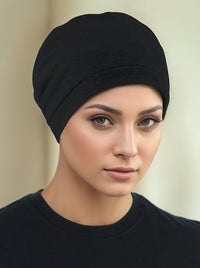 H161-BLACK#Satin Lined Cotton Sleep Cap Black