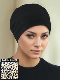 H161-BLACK#Satin Lined Cotton Sleep Cap Black