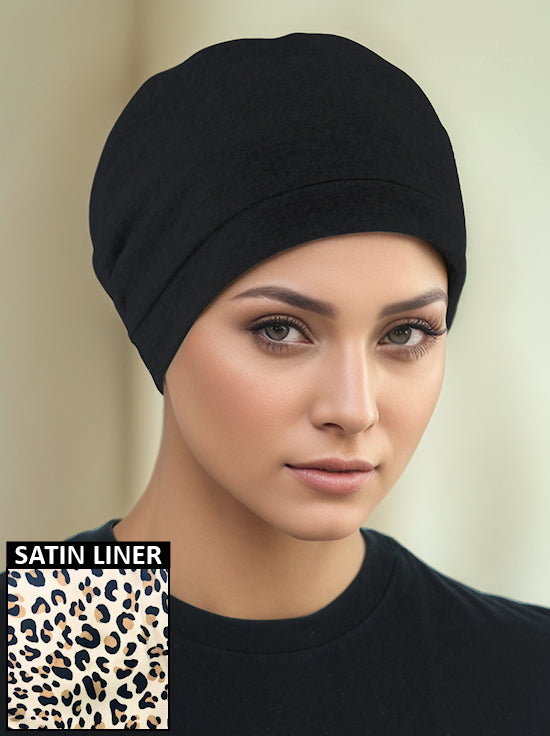 H161-BLACK#Satin Lined Cotton Sleep Cap Black