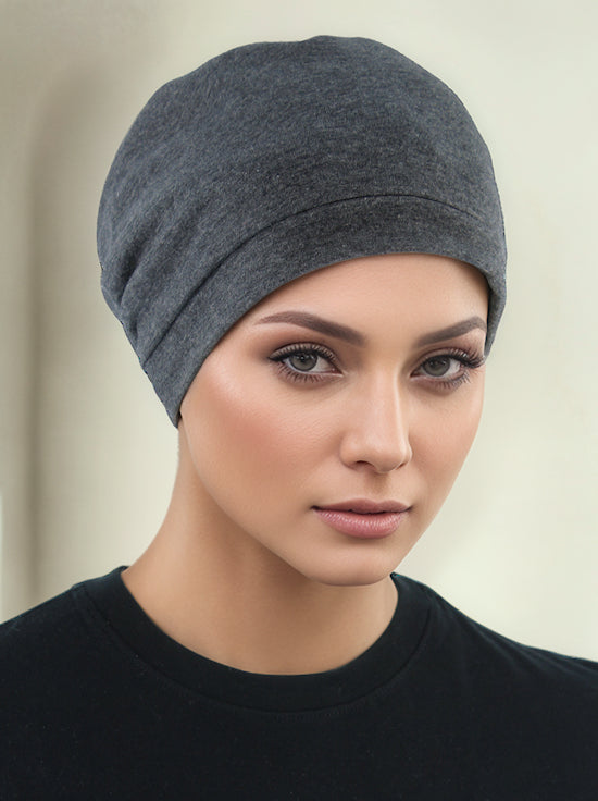 H161-CHARCOAL#Satin Lined Cotton Sleep Cap Charcoal Gray