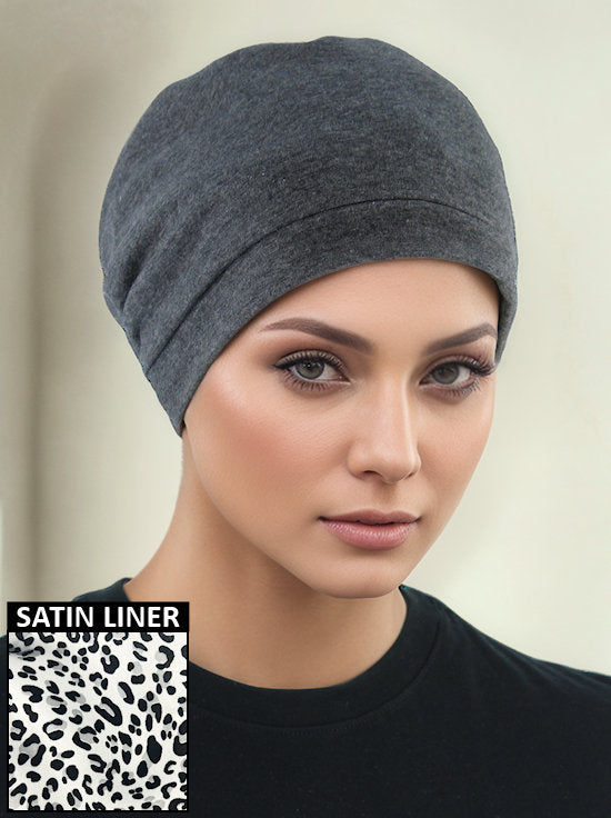 H161-CHARCOAL#Satin Lined Cotton Sleep Cap Charcoal Gray