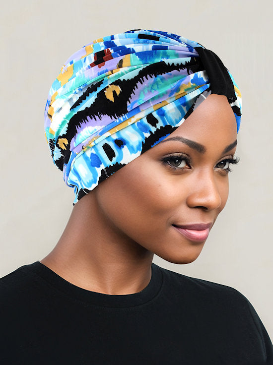 DKT-218#Elegant Print Turban in Caribbean Blue