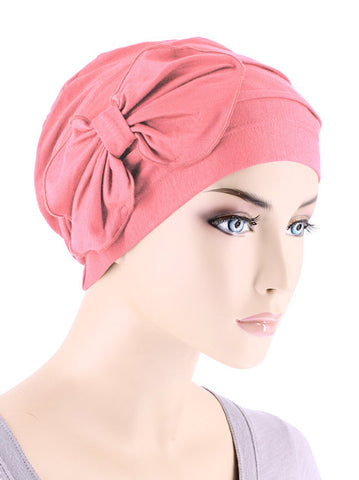 H121BB-CORAL#Bamboo Pleated Bow Cap Coral Pink