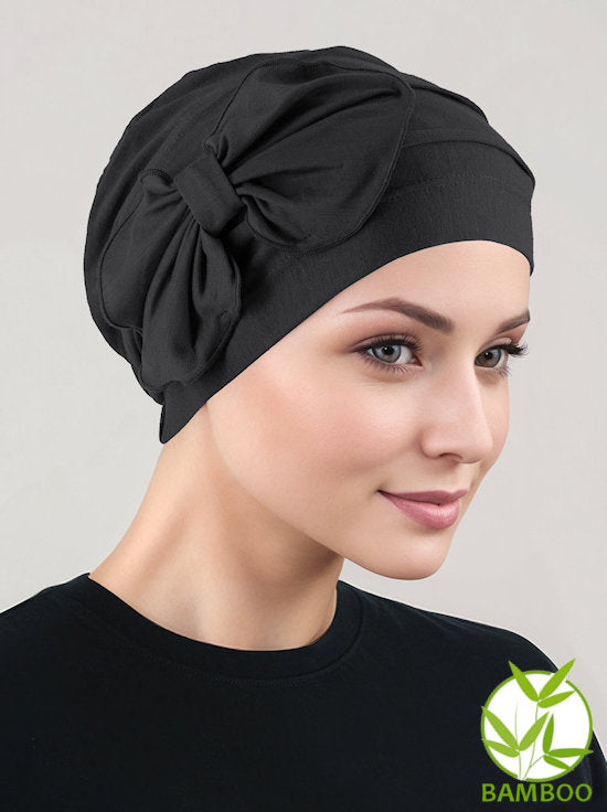 H121BB-BLACK#Bamboo Pleated Bow Cap Onyx Black