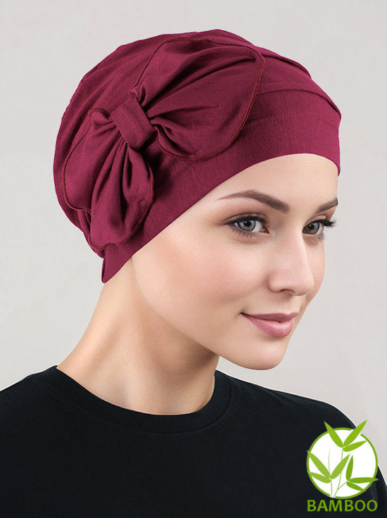 H121BB-BURGUNDY#Bamboo Pleated Bow Cap Burgundy