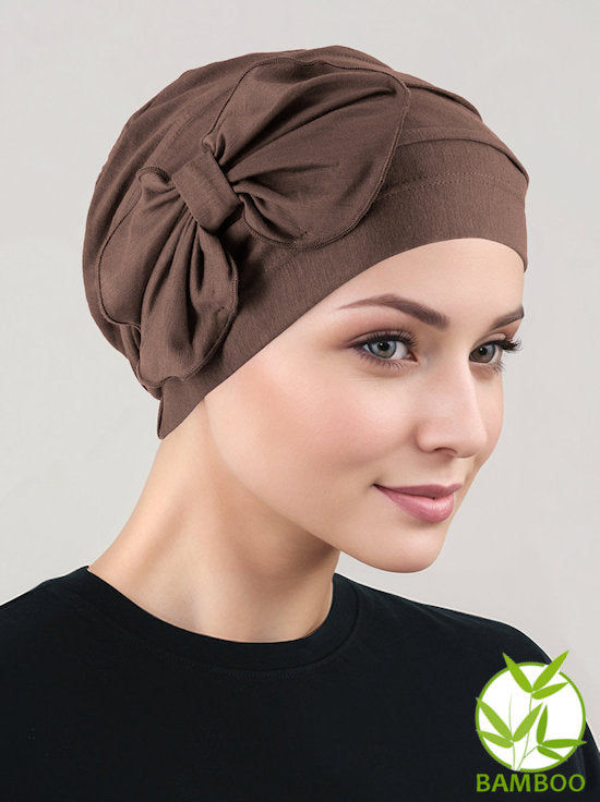 H121BB-BROWN#Bamboo Pleated Bow Cap Cedar Brown
