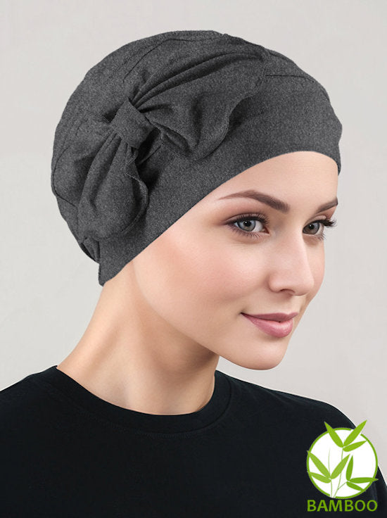 H121BB-CHARCOAL#Bamboo Pleated Bow Cap Charcoal Gray