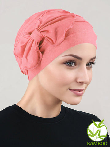 H121BB-CORAL#Bamboo Pleated Bow Cap Coral Pink