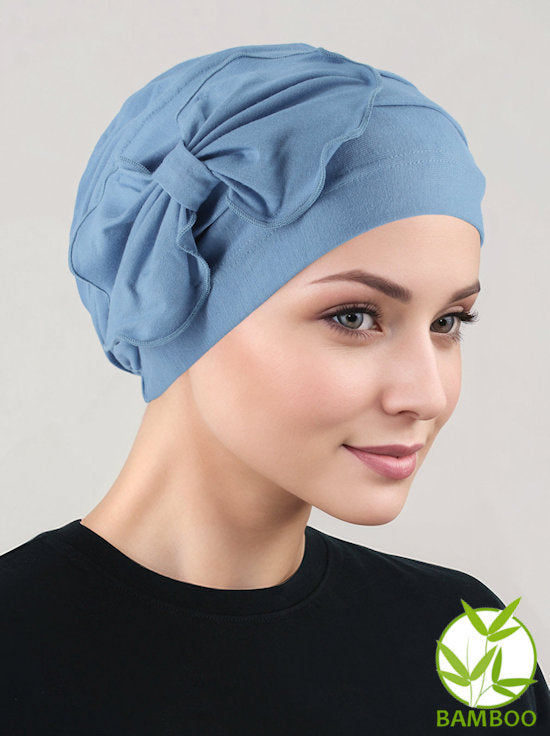 H121BB-DUSTYBLUE#Bamboo Pleated Bow Cap Dusty Blue