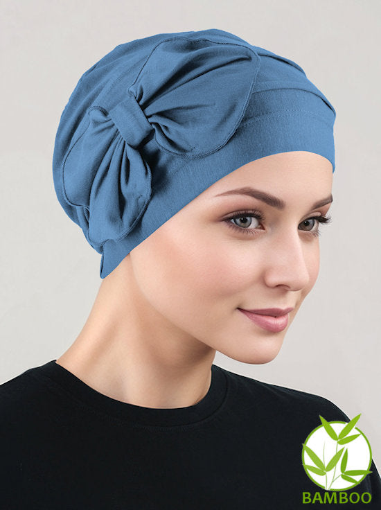 H121BB-INDIGO#Bamboo Pleated Bow Cap Indigo Blue
