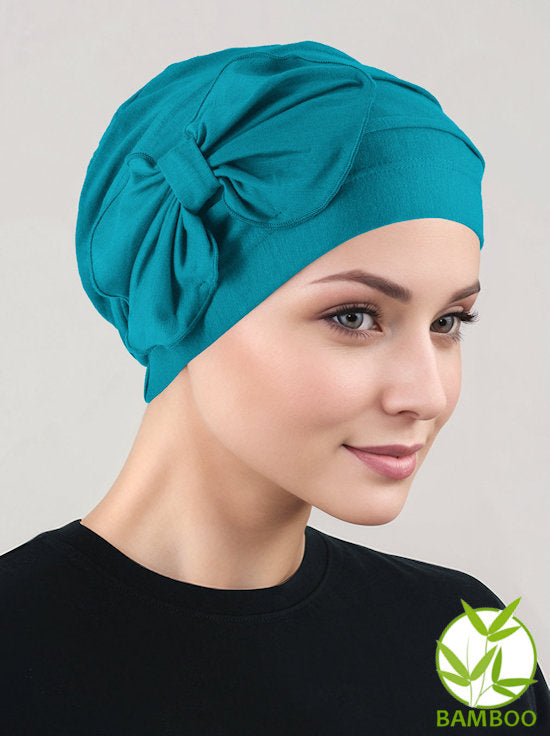 H121BB-LTTEAL#Bamboo Pleated Bow Cap Light Teal