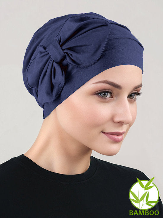 H121BB-NAVY#Bamboo Pleated Bow Cap Navy Blue
