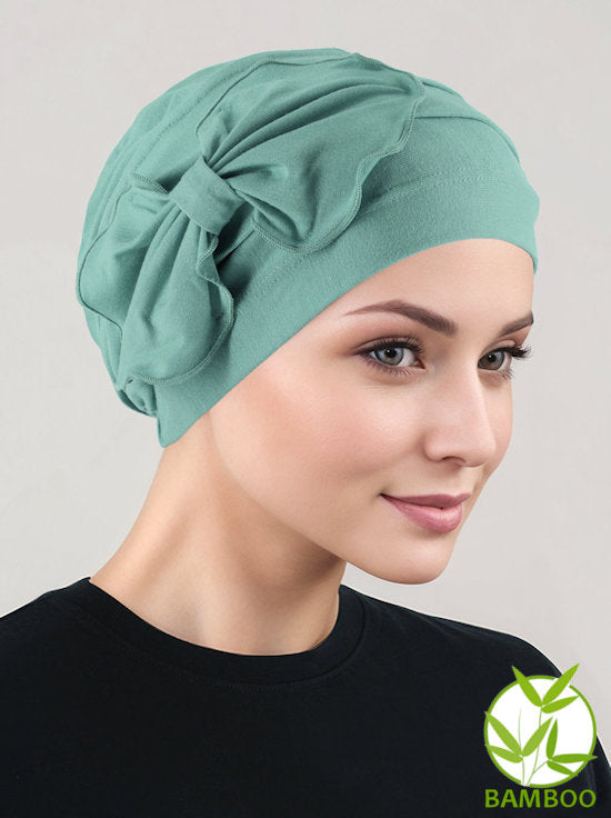 H121BB-SAGE#Bamboo Pleated Bow Cap Sage Green