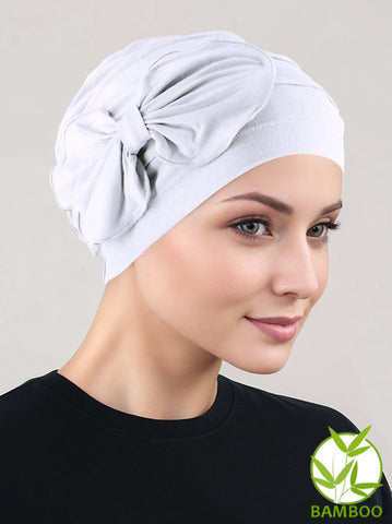 H121BB-WHITE#Bamboo Pleated Bow Cap White