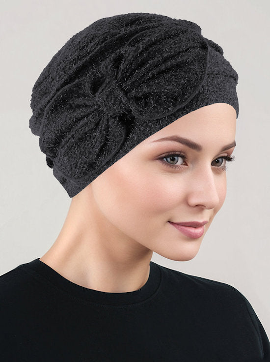 H121-BLACK#Pleated Bow Cap Black Diamond