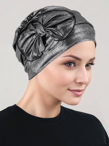 H121-BLACKSHIMMER#Pleated Bow Cap Black Shimmer