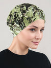 H121-GREENABSTRACT#Pleated Bow Cap Green Brown Abstract *Clearance/Final Sale*