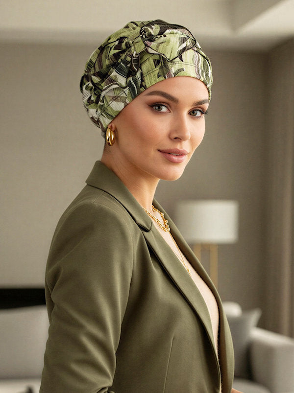 H121-GREENABSTRACT#Pleated Bow Cap Green Brown Abstract *Clearance/Final Sale*