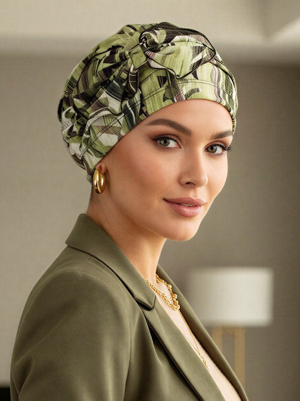 H121-GREENABSTRACT#Pleated Bow Cap Green Brown Abstract *Clearance/Final Sale*