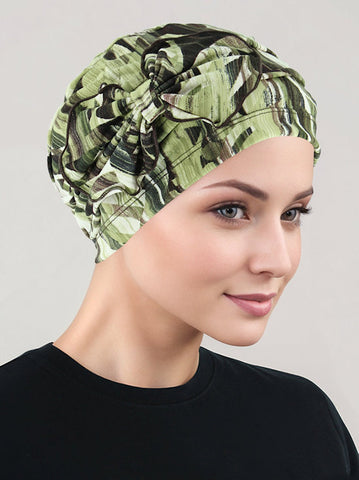 H121-GREENABSTRACT#Pleated Bow Cap Green Brown Abstract