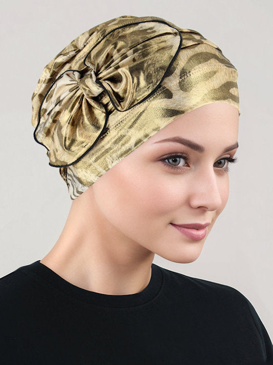 H121-LEOPARDGOLD#Pleated Bow Cap Leopard Gold