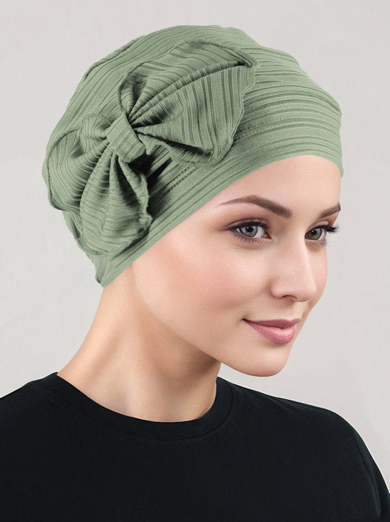 H121-RIBBEDSAGEGREEN#Pleated Bow Cap Ribbed Sage Green *Clearance/Final Sale*