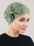 H121-RIBBEDSAGEGREEN#Pleated Bow Cap Ribbed Sage Green