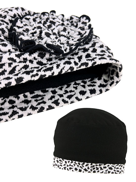 H149-BLACKANIMAL#Pleated Winter Hat Fleece Lined Black Animal