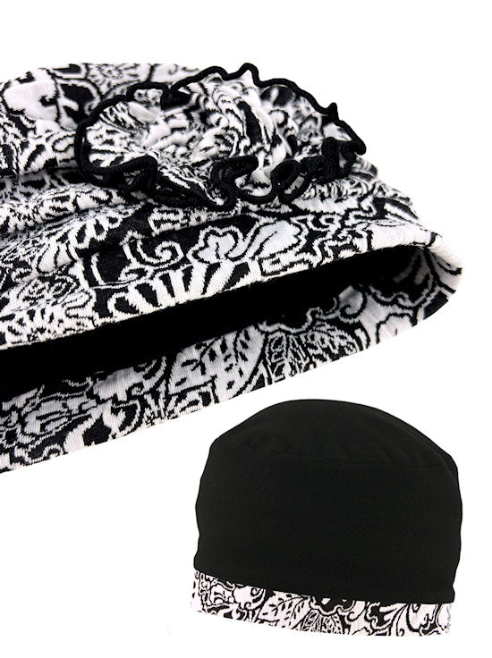 H149-BLACKFLORAL#Pleated Winter Hat Fleece Lined Black Floral