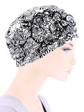 H149-BLACKFLORAL#Pleated Winter Hat Fleece Lined Black Floral