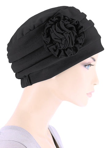 H158-BLACK#Pleated Winter Hat Fleece Lined Black