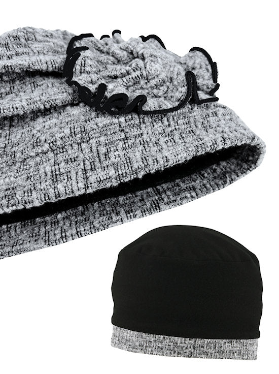H149-GRAYTWEED#Pleated Winter Hat Fleece Lined Gray Tweed