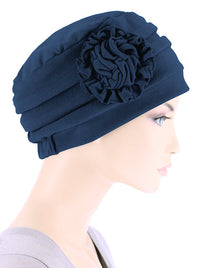 H158-NAVY#Pleated Winter Hat Fleece Lined Navy Blue