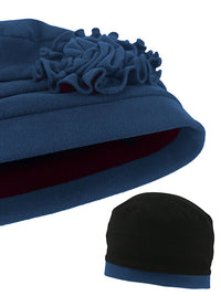 H158-NAVY#Pleated Winter Hat Fleece Lined Navy Blue
