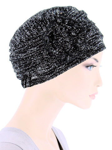 H149-SPECKLEDBLACK#Pleated Winter Hat Fleece Lined Speckled Black