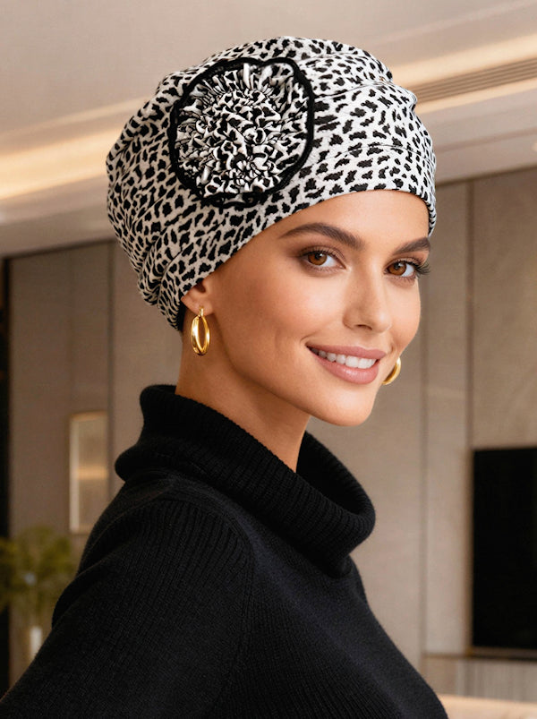 H149-BLACKANIMAL#Pleated Winter Hat Fleece Lined Black Animal