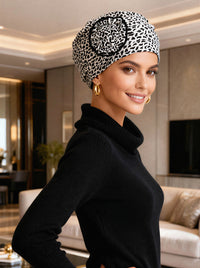 H149-BLACKANIMAL#Pleated Winter Hat Fleece Lined Black Animal